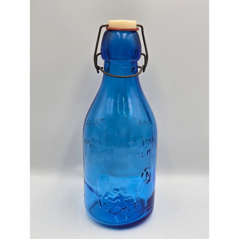 Thatcher's Dairy Milk Bottle One Quart Blue Embossed Cow Swing Top